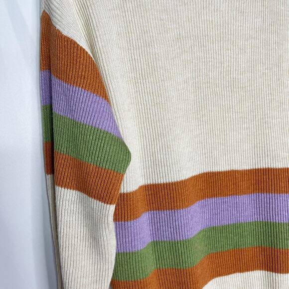 New Gilli Large Cream Orange Green Striped Ribbed Knit Sweater Crew Neck Purple - Picture 4 of 12